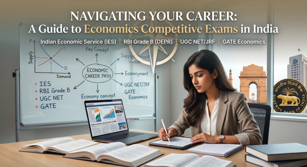 A professional banner image titled 'NAVIGATING YOUR CAREER: A Guide to Economics Competitive Exams in India' featuring a compass over concepts like IES, RBI Grade B, UGC NET, and GATE, with Indian landmarks in the background