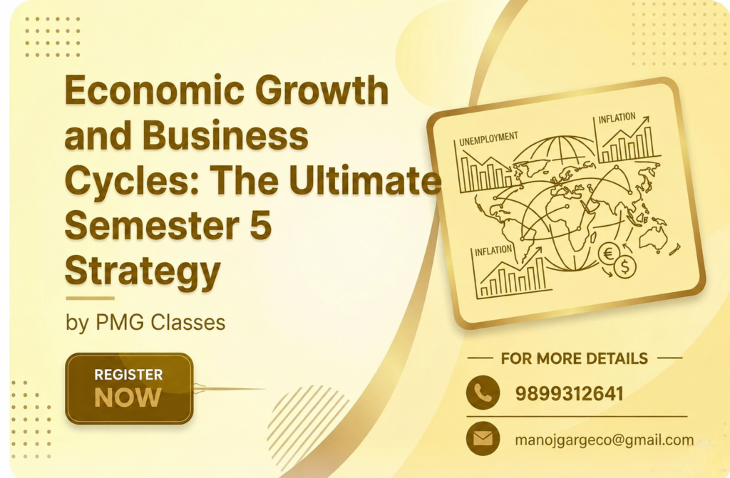 PMG Classes featuring the title “Economic Growth and Business Cycles: The Ultimate Semester 5 Strategy.” The design includes economic charts, a world map illustration, a Register Now.