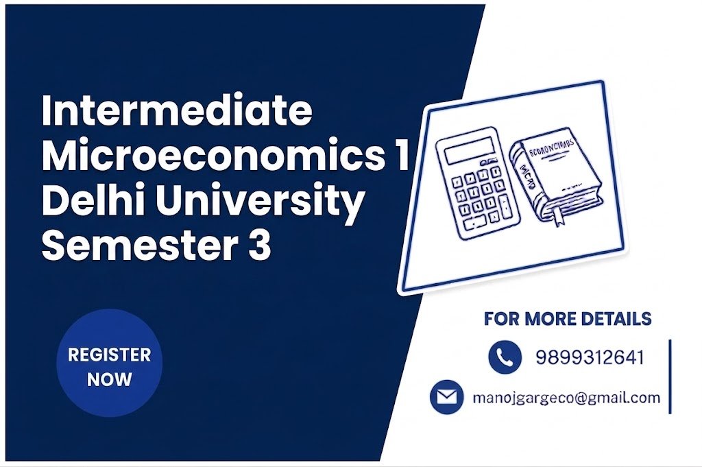 Intermediate Microeconomics 1 Delhi University Semester 3 course banner by PMG Classes featuring contact details and a quantitative economics illustration.