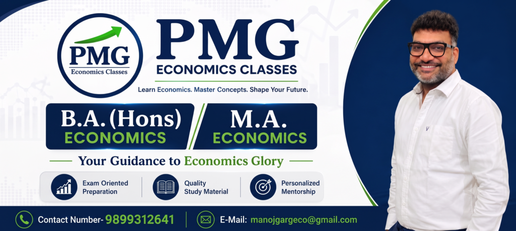 Promotional banner for PMG Economics Classes featuring the instructor, course offerings for B.A. (Hons) and M.A. Economics, key learning benefits, and contact details.
