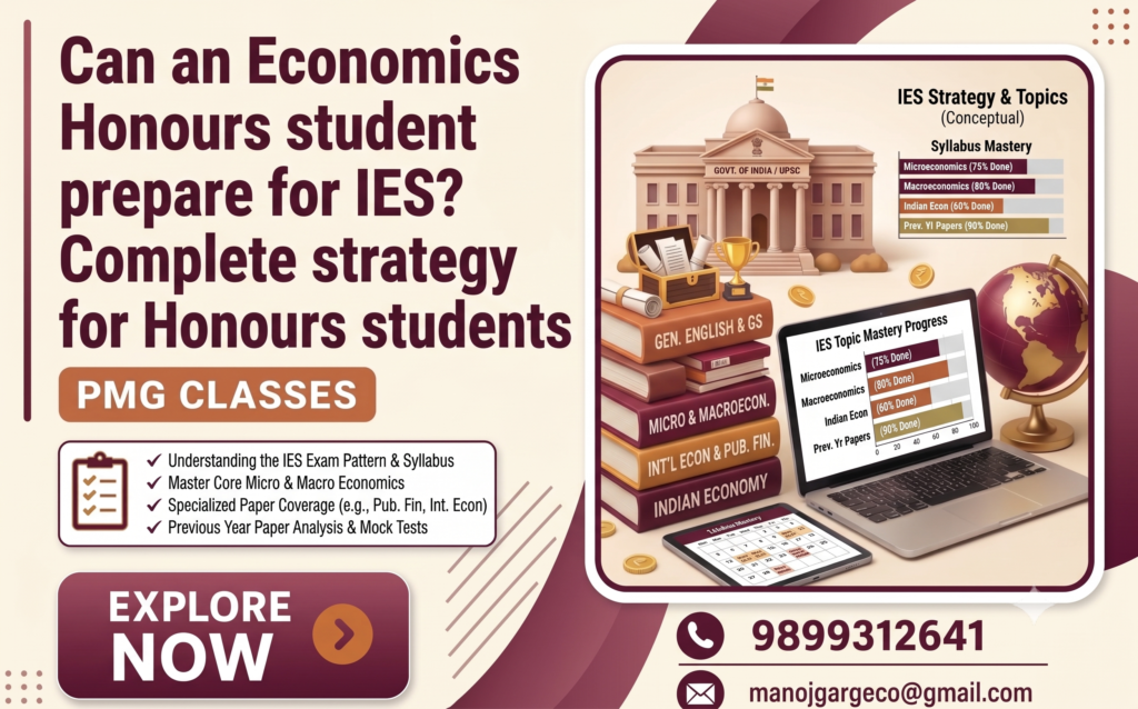 Economics Honours students preparing for Indian Economic Service IES examination with economics books, graphs and study notes