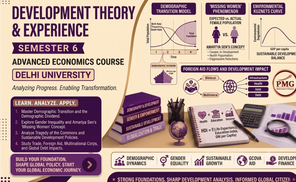 Educational promotional poster by PMG Economics Classes for BA Economics Honours, Semester 6, titled "Development Theory and Experience," featuring curriculum topics, economic charts, and 3D illustrations of study materials