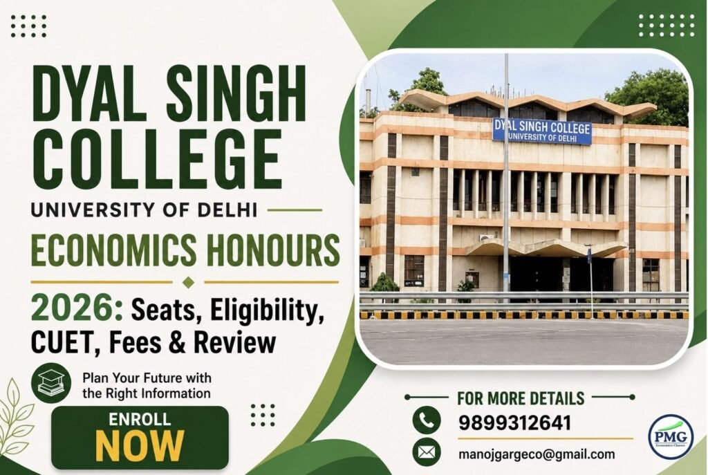 Promotional poster for PMG Classes featuring details on Dyal Singh College Economics Honours 2026, including seats, eligibility, CUET, fees, review, contact number 9899312641, and email manojgargeco@gmail.com.