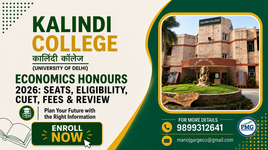 Promotional poster for PMG Classes featuring details on Kalindi College Economics Honours 2026, including seats, eligibility, CUET, fees, review, contact number 9899312641, and email manojgargeco@gmail.com.
