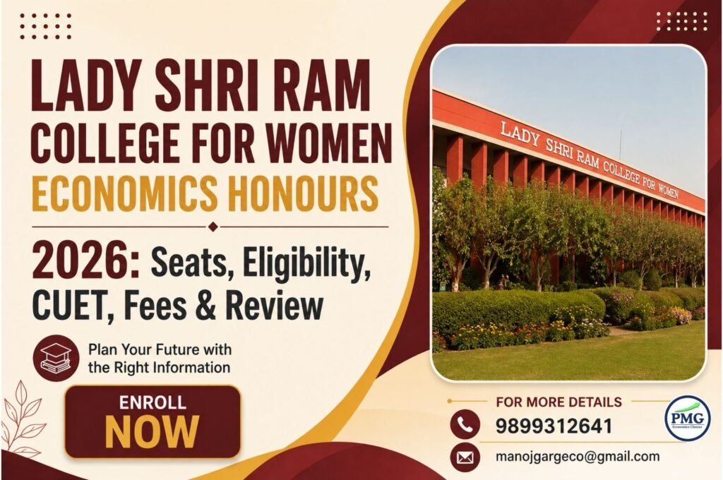 Promotional poster for PMG Classes featuring details on Lady Shri Ram College Economics Honours 2026, including seats, eligibility, CUET, fees, review, contact number 9899312641, and email manojgargeco@gmail.com.
