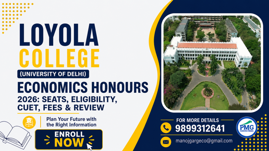 Promotional poster for PMG Classes featuring details on Shivaji College Economics Honours 2026, including seats, eligibility, CUET, fees, review, contact number 9899312641, and email manojgargeco@gmail.com.