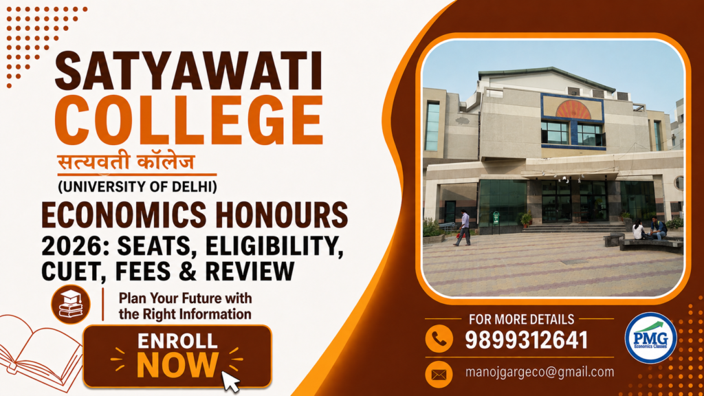 Promotional poster for PMG Classes featuring details on Satyawati College Economics Honours 2026, including seats, eligibility, CUET, fees, review, contact number 9899312641, and email manojgargeco@gmail.com.