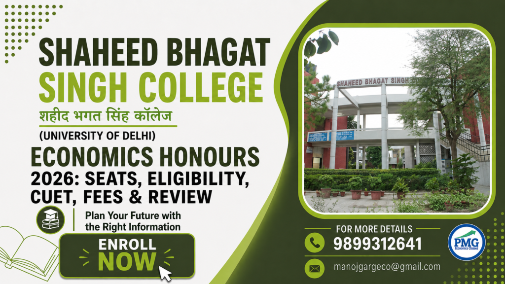 Promotional poster for PMG Classes featuring details on Shaheed Bhagat Singh College Economics Honours 2026, including seats, eligibility, CUET, fees, review, contact number 9899312641, and email manojgargeco@gmail.com.