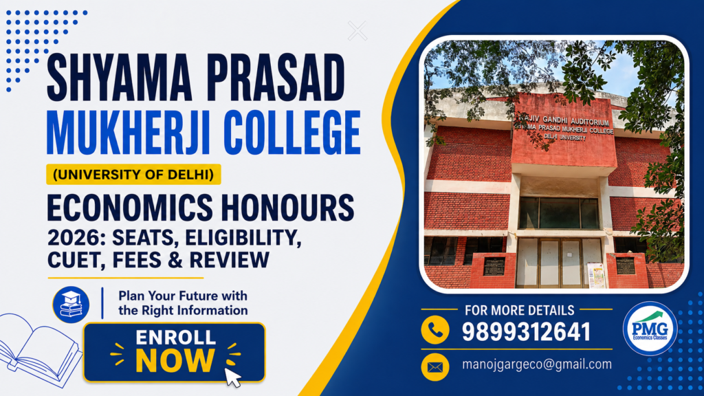 Promotional poster for PMG Classes featuring details on Shyama Prad\sad Mukerji College Economics Honours 2026, including seats, eligibility, CUET, fees, review, contact number 9899312641, and email manojgargeco@gmail.com.