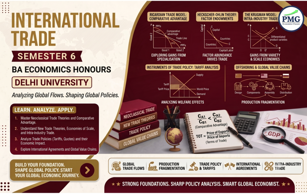BA Economics Honours International Trade DU Semester 6 syllabus poster featuring trade models and policies.